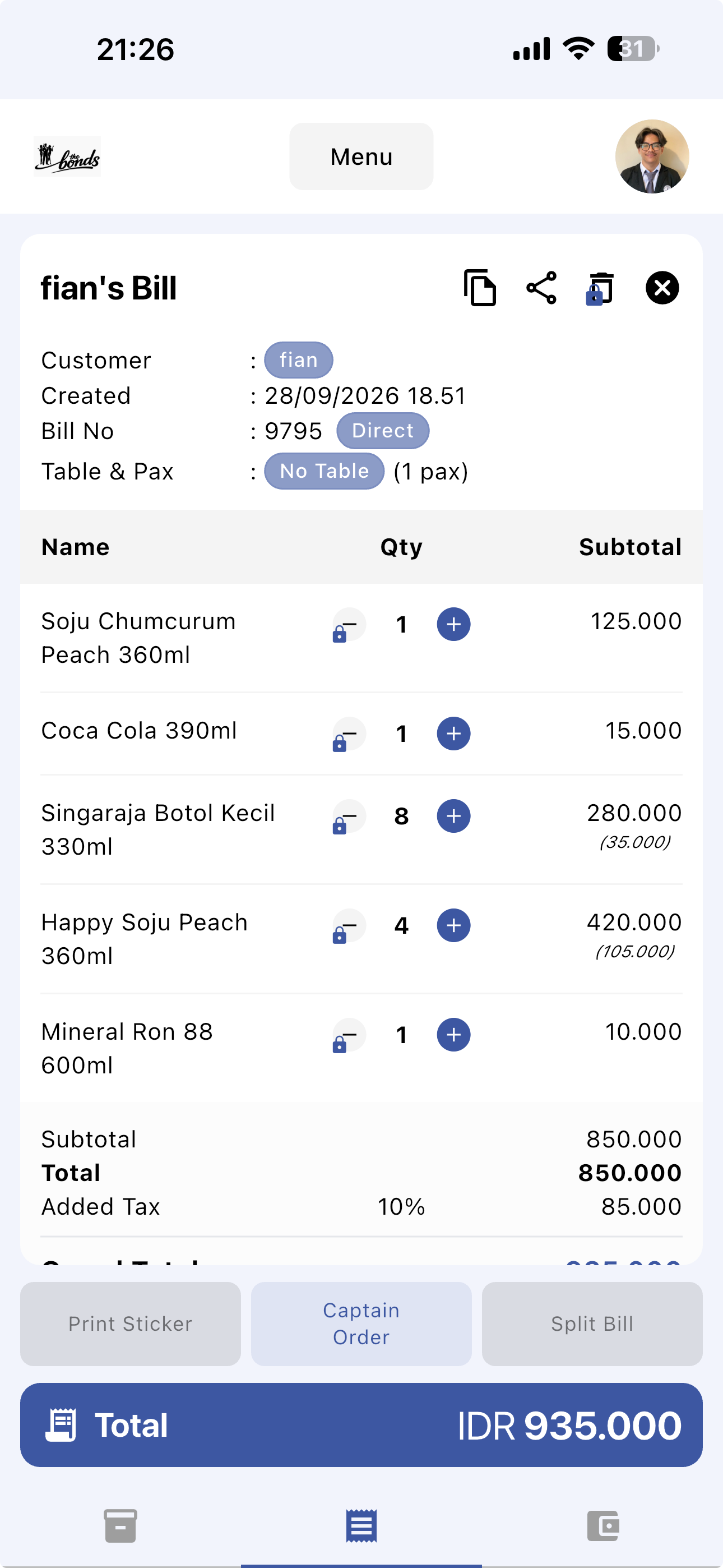 ReBill POS on an Android phone, showing a mobile bill