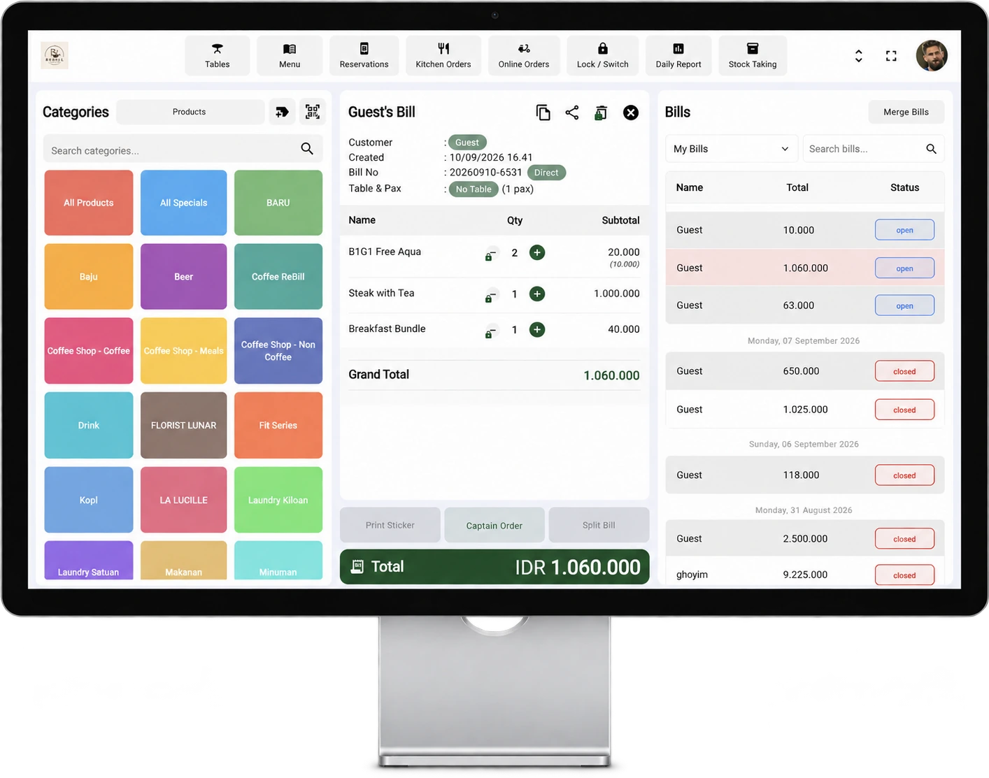 ReBill POS screen for orders and billing