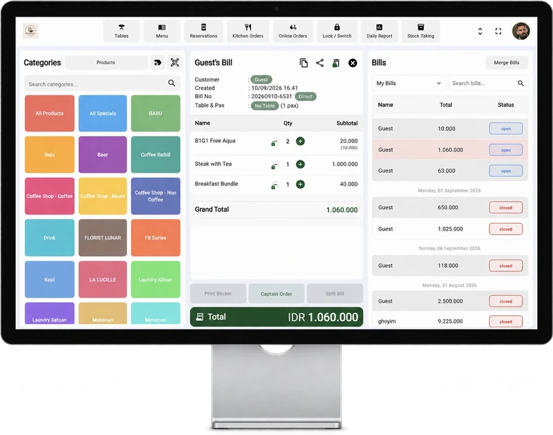 ReBill POS screen for orders and billing